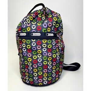 LeSportSac Sling Bucket Crossbody Bag Drawstring Top Reversible Hearts Navy EUC‎
